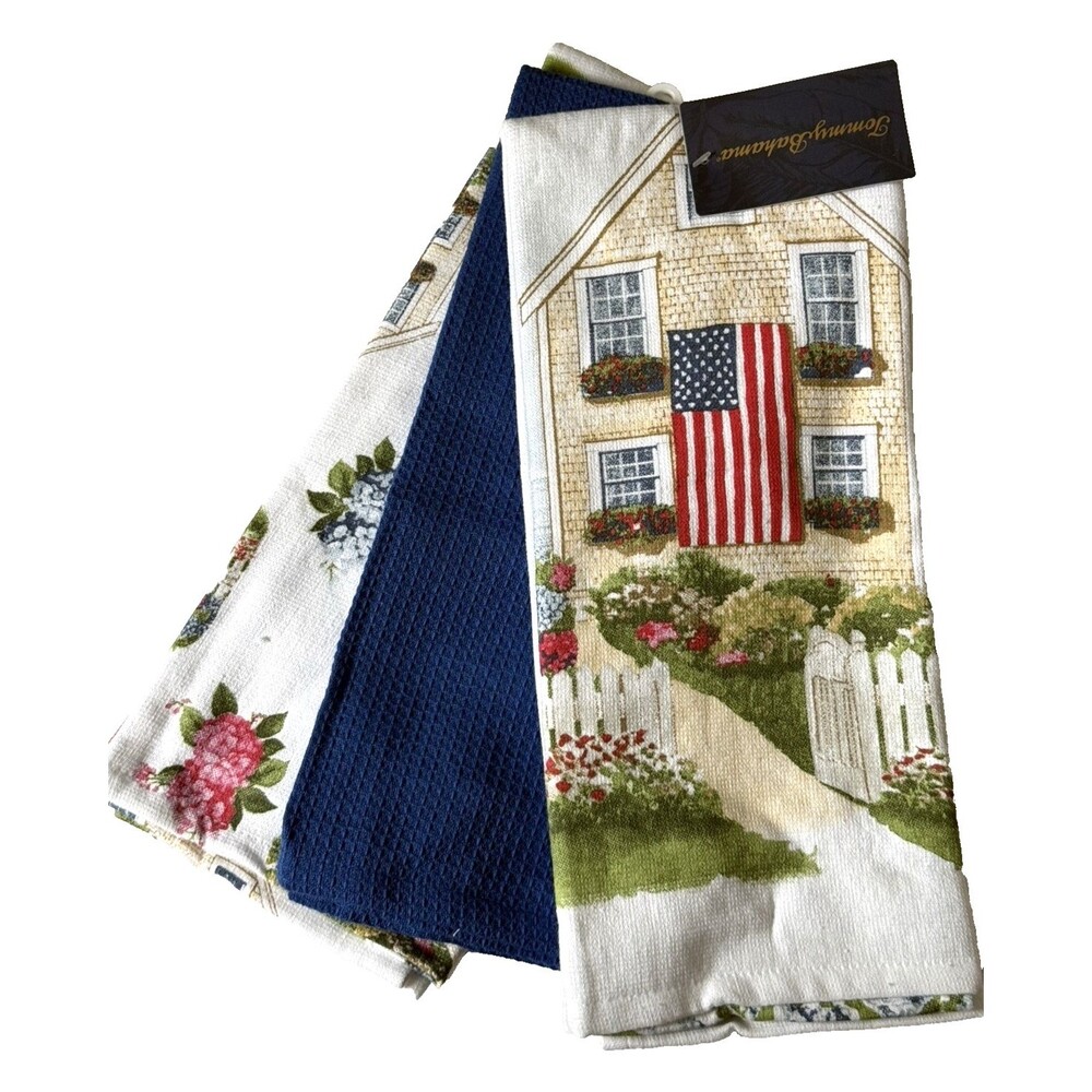 Tommy Bahama Kitchen Towels Hydrangea Cotton 18X28 Set of 3 Flag Red White Blue